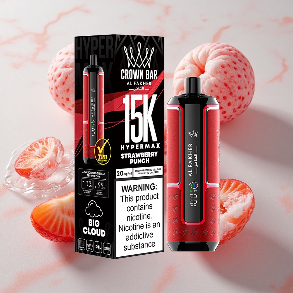 Al Fakher Crown Bar 15K Hypermax Desechable Kit de Vapeo Fresa Punch con 22ml de Capacidad de E-Líquido
