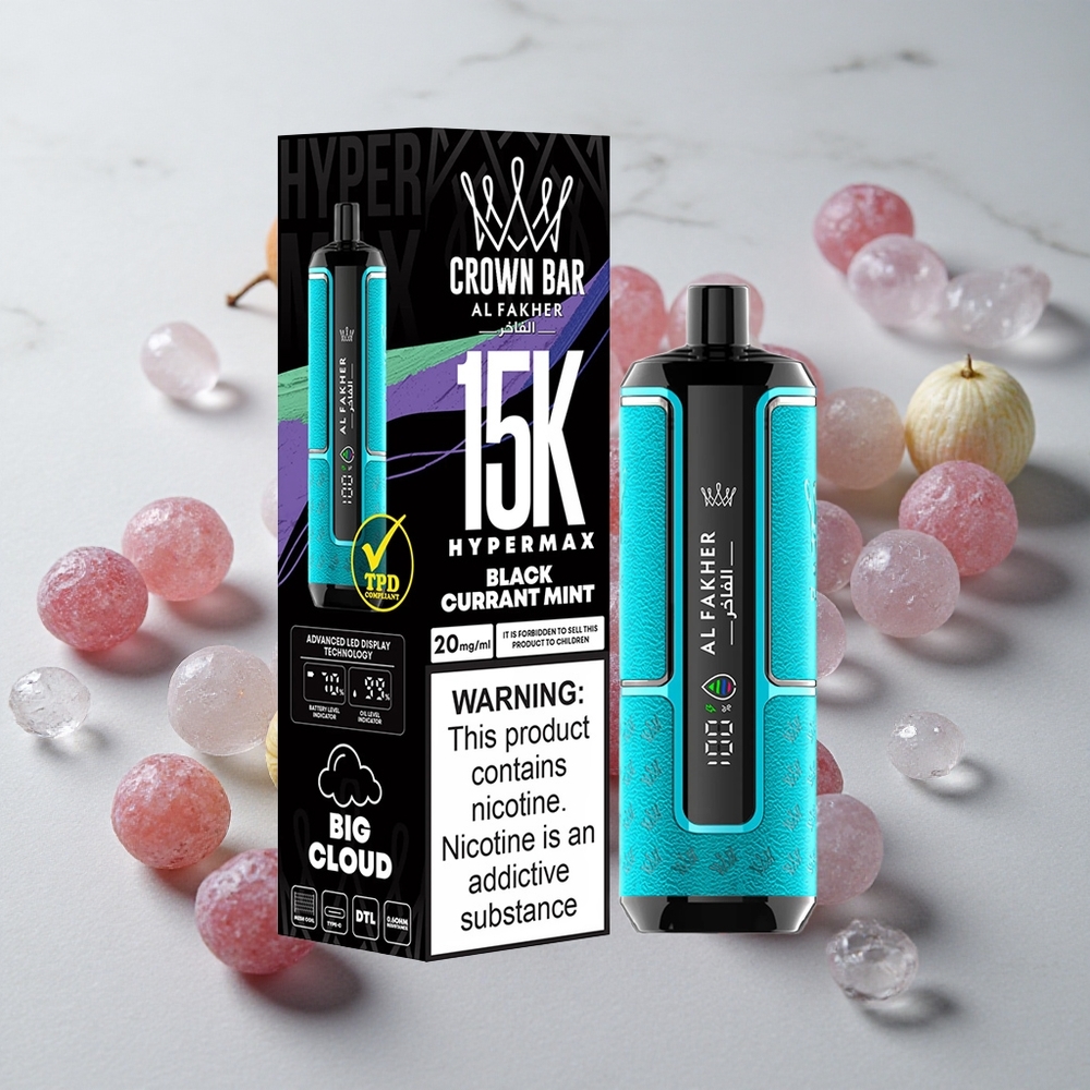 Al Fakher Crown Bar 15K Hypermax Desechable Vape Kit Grosella Negra Menta 22ml
