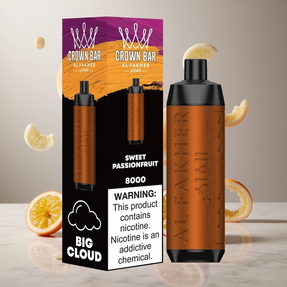 Al Fakher Crown Bar 8000 Caja Cristal Desechable Vape Dulce Maracuyá con 8000 Puffs