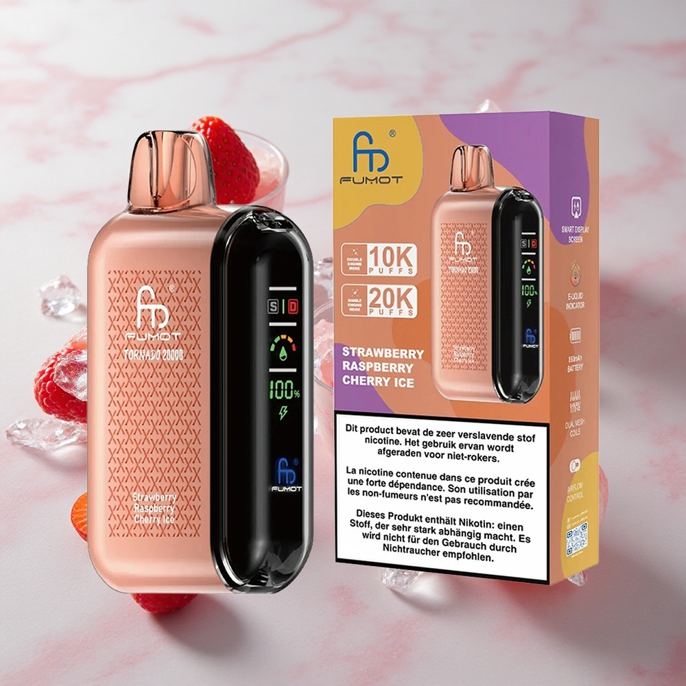Fumot Tornado 20000 Puffs Fresa Frambuesa Cereza Hielo con Batería Recargable de 850mAh
