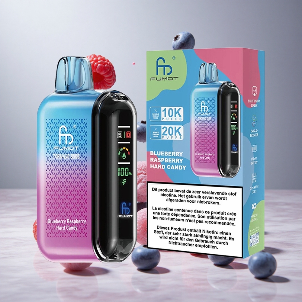 Fumot Tornado 20000 Puffs Vape Desechable Arándano Frambuesa Caramelo Duro con Batería Recargable 850mAh